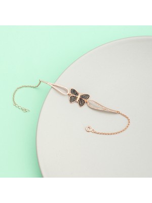 Ravza Gümüş 925 Ayar Gümüş Kanatlı Siyah Taşlı Kelebek Bileklik