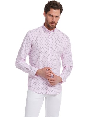 Hatemoğlu Erkek Pembe Modern Fit %100 Pamuk Desenli Gömlek