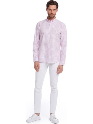 Hatemoğlu Erkek Pembe Modern Fit %100 Pamuk Desenli Gömlek