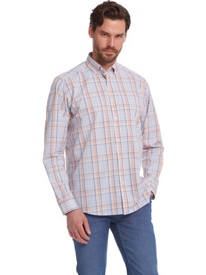 Hatemoğlu Erkek Turuncu Klasik Fit %100 Pamuk Kareli Gömlek