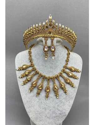 Hayalperest Boncuk Bal Rengi Anteras Gelin Kına Tacı ve Kolye Seti