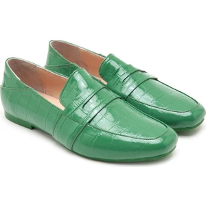 Olsen Yeşil Kadın Kroko Baskılı Deri Loafer