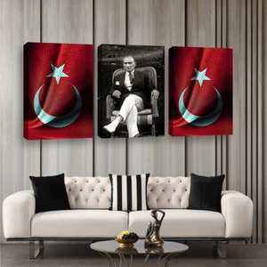 Reklam Ofisi Mustafa Kemal Atatürk,türk Bayrağı 3 Parçalı Kanvas Tablo