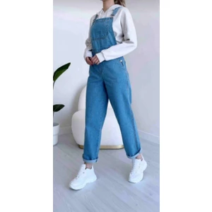 Beleza Store Kadın Kot Salopet Koyu Mavi Tulum Denim Uzun Kot Bahçivan Tulum