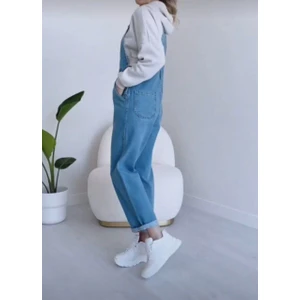 Beleza Store Kadın Kot Salopet Koyu Mavi Tulum Denim Uzun Kot Bahçivan Tulum