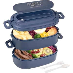 Sefer Tası Öğle Yemeği Kutuları 2 Katlı 3 Bölmeli Çatal Bıçak Takımı Bento Kutuları Gıda Saklama Kapları 1550 ml. (Yurt Dışından)