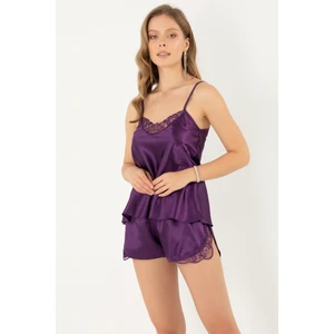 Ince Askılı Güpürlü Saten Şortlu Takım