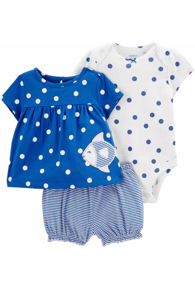 Kız Bebek Bluz Body Şort Set 3'lü Paket Mavi