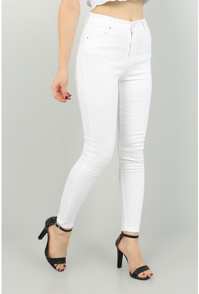 Siyah Kadın Beyaz Yüksek Bel Toparlayıcı Dar Paça Likralı Kot Pantolon - GİY00116