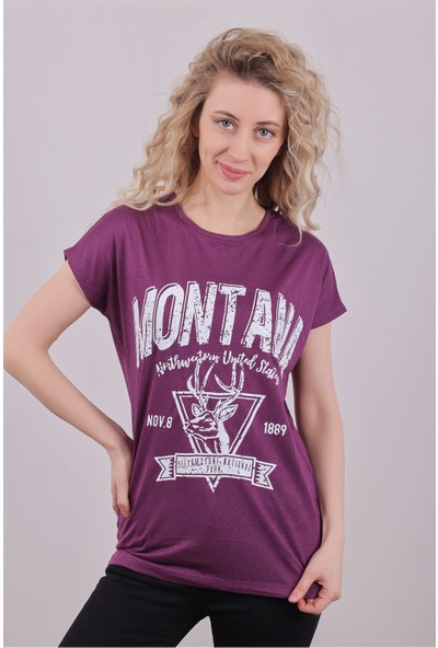 Giysa Kadın Montana Baskılı Salaş Fuşya T-Shirt