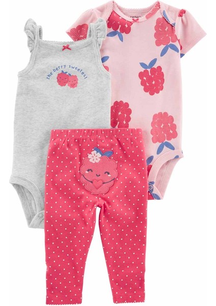 Kız Bebek Ahududu Desenli 3'lü Set 3'lü Paket Pembe