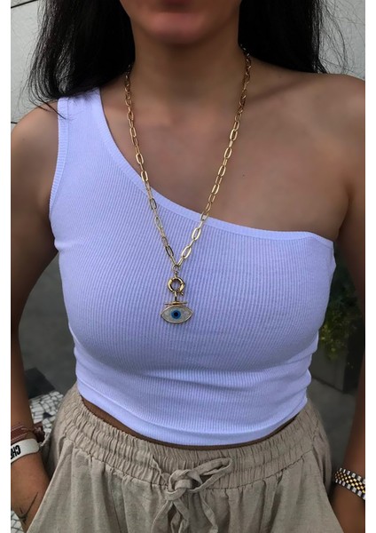 Kadın Göz Uçlu Dümen Detaylı Uzun Zincir Kolye