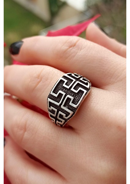 Antik Gümüş Kaplama Labirent Şekilli Unisex Yüzük
