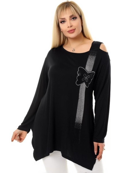 Yuvarlak Yaka Kelebek Taş Işlemeli Tek Omuz Dekolteli Yandan Yırtmaçlı Esnek Dökümlü ve Rahat Tunik