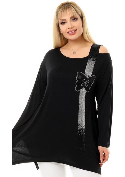 Yuvarlak Yaka Kelebek Taş Işlemeli Tek Omuz Dekolteli Yandan Yırtmaçlı Esnek Dökümlü ve Rahat Tunik fırsatları