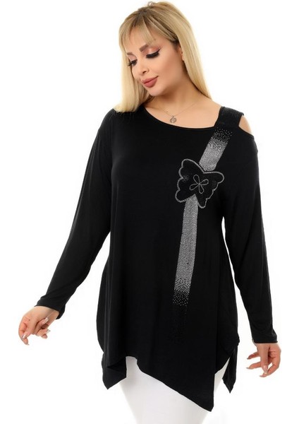 Yuvarlak Yaka Kelebek Taş Işlemeli Tek Omuz Dekolteli Yandan Yırtmaçlı Esnek Dökümlü ve Rahat Tunik indirimleri