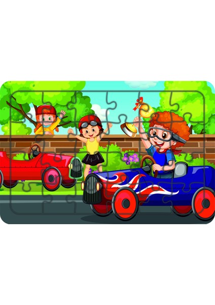 Yarışcı Çocuklar 24 Parça Ahşap Çocuk Puzzle Yapboz