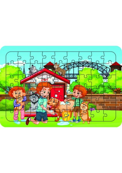 Çocuklar ve Hayvanlar 54 Parça Ahşap Çocuk Puzzle Yapboz