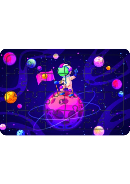 Astronot Satürnde 24 Parça Ahşap Çocuk Puzzle Yapboz