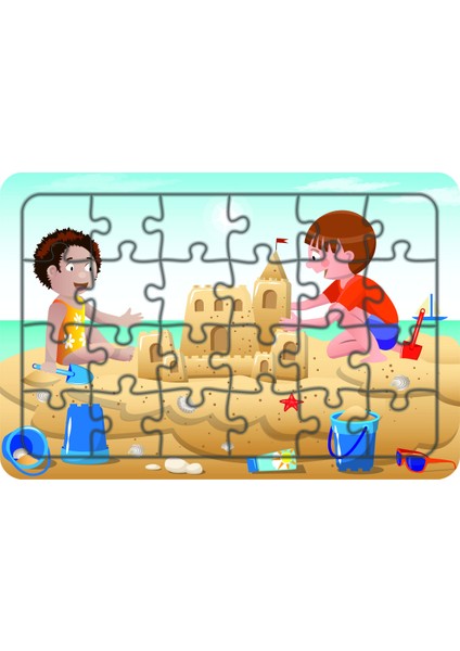 Çocuklar Plajda 24 Parça Ahşap Çocuk Puzzle Yapboz