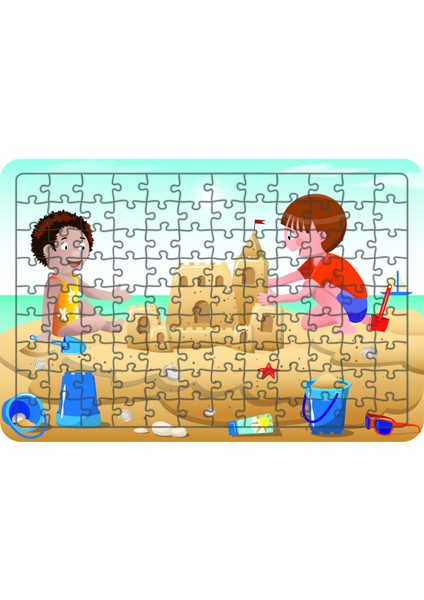 Çocuklar Plajda 108 Parça Ahşap Çocuk Puzzle Yapboz