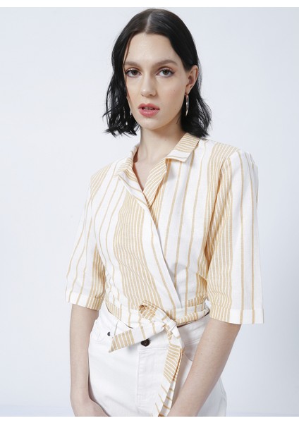 CM-Melo Gömlek Yaka Basic Çizgili Turuncu Kadın Bluz