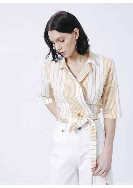 CM-Melo Gömlek Yaka Basic Çizgili Turuncu Kadın Bluz fırsatları