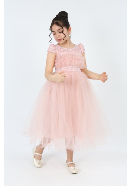 Kız Çocuk Tül Kumaş Kupür İşlemeli Astarlı Zarif Gece Mezuniyet Düğün Abiye Elbise-ABY-0009 fırsatları