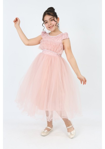 Kız Çocuk Tül Kumaş Kupür İşlemeli Astarlı Zarif Gece Mezuniyet Düğün Abiye Elbise-ABY-0009 indirimleri