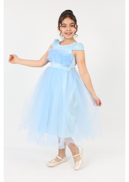 Kız Çocuk Tül Kumaş Kupür İşlemeli Astarlı Zarif Gece Mezuniyet Düğün Abiye Elbise-ABY-0009