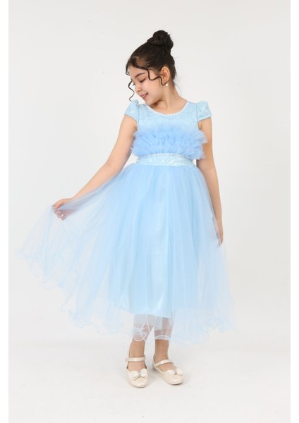 Kız Çocuk Tül Kumaş Kupür İşlemeli Astarlı Zarif Gece Mezuniyet Düğün Abiye Elbise-ABY-0009 fırsatları