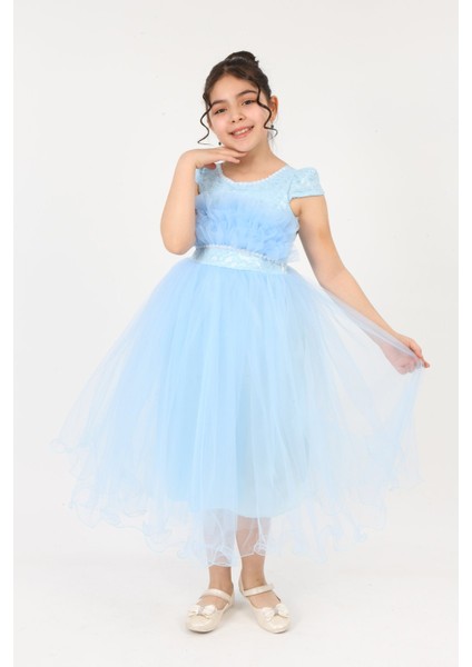 Kız Çocuk Tül Kumaş Kupür İşlemeli Astarlı Zarif Gece Mezuniyet Düğün Abiye Elbise-ABY-0009 indirimleri