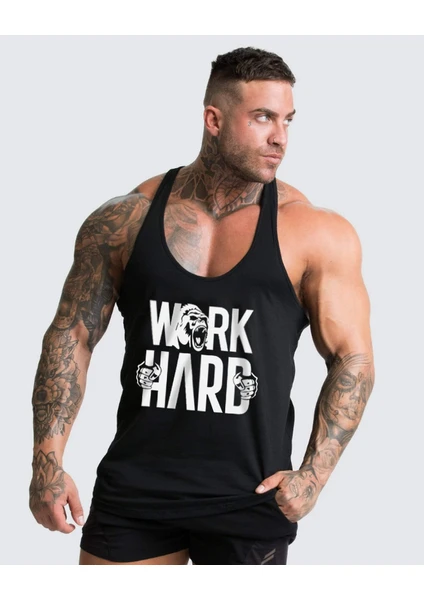 Work Hard Gorilla Gym Fitness Tank Top Sporcu Atleti Siyah