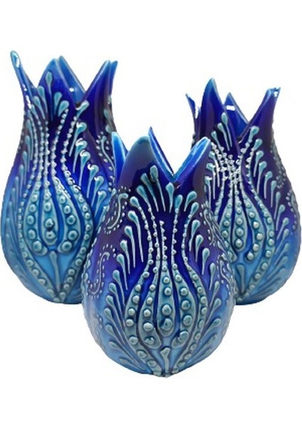 El Işlemeli Mavi Turkuaz 3'lü Lale Takımı