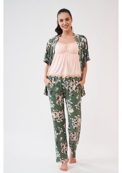23107 Kadın Desenli Sabahlık Pijama Takım