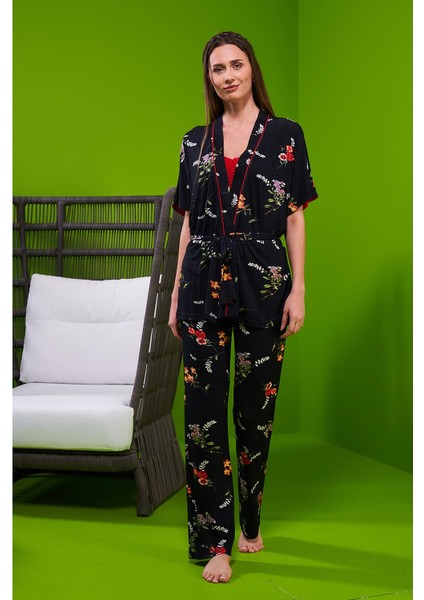 23105 Kadın Desenli Sabahlıklı Pijama Takım