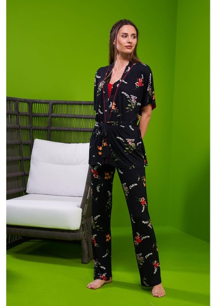 23105 Kadın Desenli Sabahlıklı Pijama Takım fiyatları