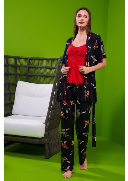 23105 Kadın Desenli Sabahlıklı Pijama Takım modelleri