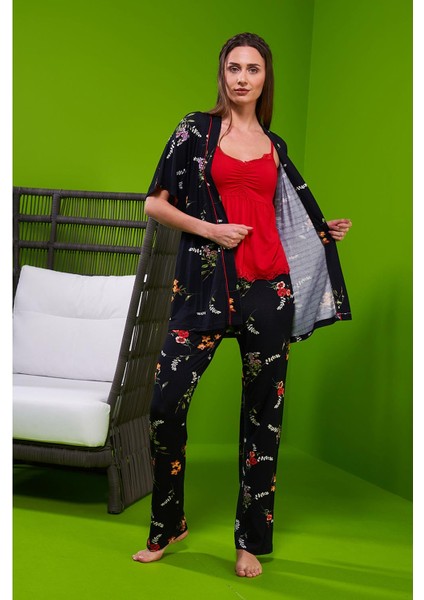 23105 Kadın Desenli Sabahlıklı Pijama Takım fırsatları