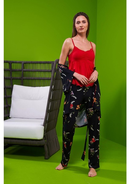 23105 Kadın Desenli Sabahlıklı Pijama Takım indirimleri
