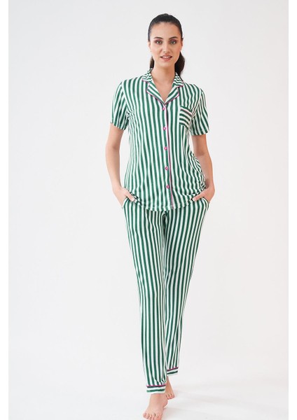 23213 Kadın Çizgili Düğmeli Pijama Takım