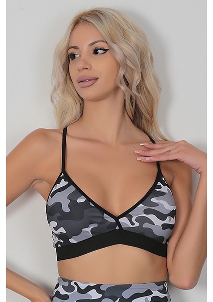 Kadın Gri Kamuflaj Bralet Fitness Sütyeni