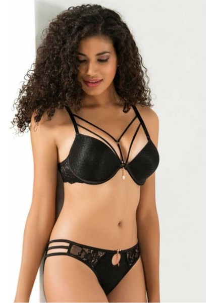 5020 Silikonlu Taşlı Simli Sütyen Takım Siyah