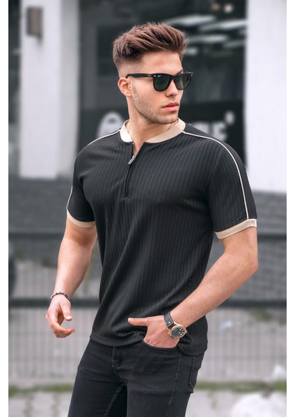Siyah Fermuar Yaka Erkek Penye Tişört