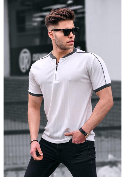Beyaz Fermuar Yaka Erkek Penye Tişört