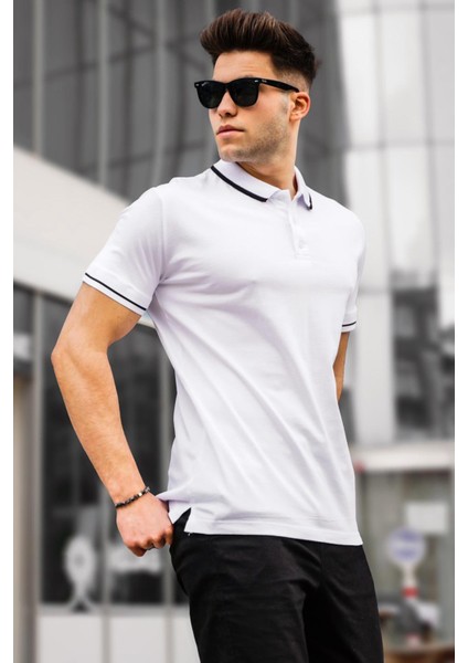 Beyaz Düz Polo Yaka Erkek Tişört