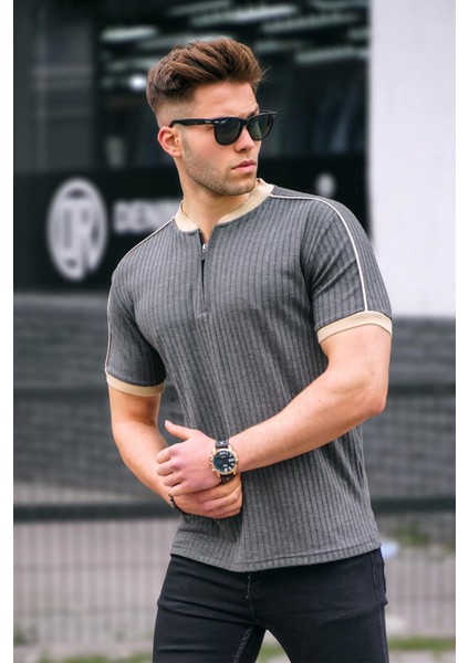 Antrasit Fermuar Yaka Erkek Penye Tişört
