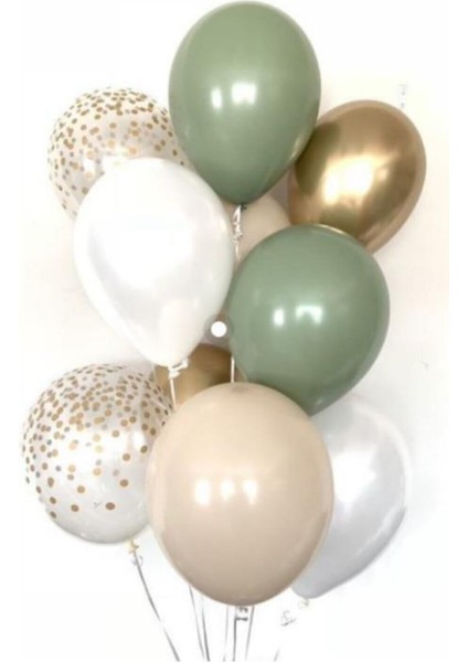 Küf Yeşili -Beyaz-Ten Rengi-Krom Gold-Konfetili Şeffaf Balon Demeti