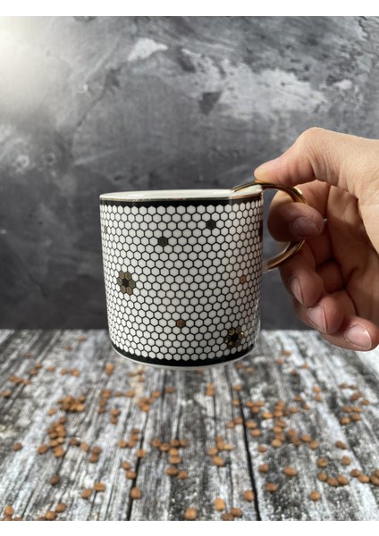 Acar 6 Lı Porselen Yaldızlı Gold Kulplu Özel Tasarım Kupa Bardak 220ml