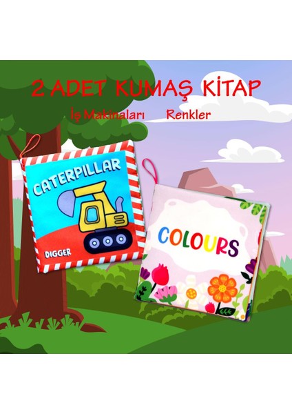 2 Kitap Tox Ingilizce Iş Makinaları ve Renkler Kumaş Sessiz Kitap E118 E129 - Bez Kitap , Eğitici Oyuncak , Yumuşak ve Hışırtılı